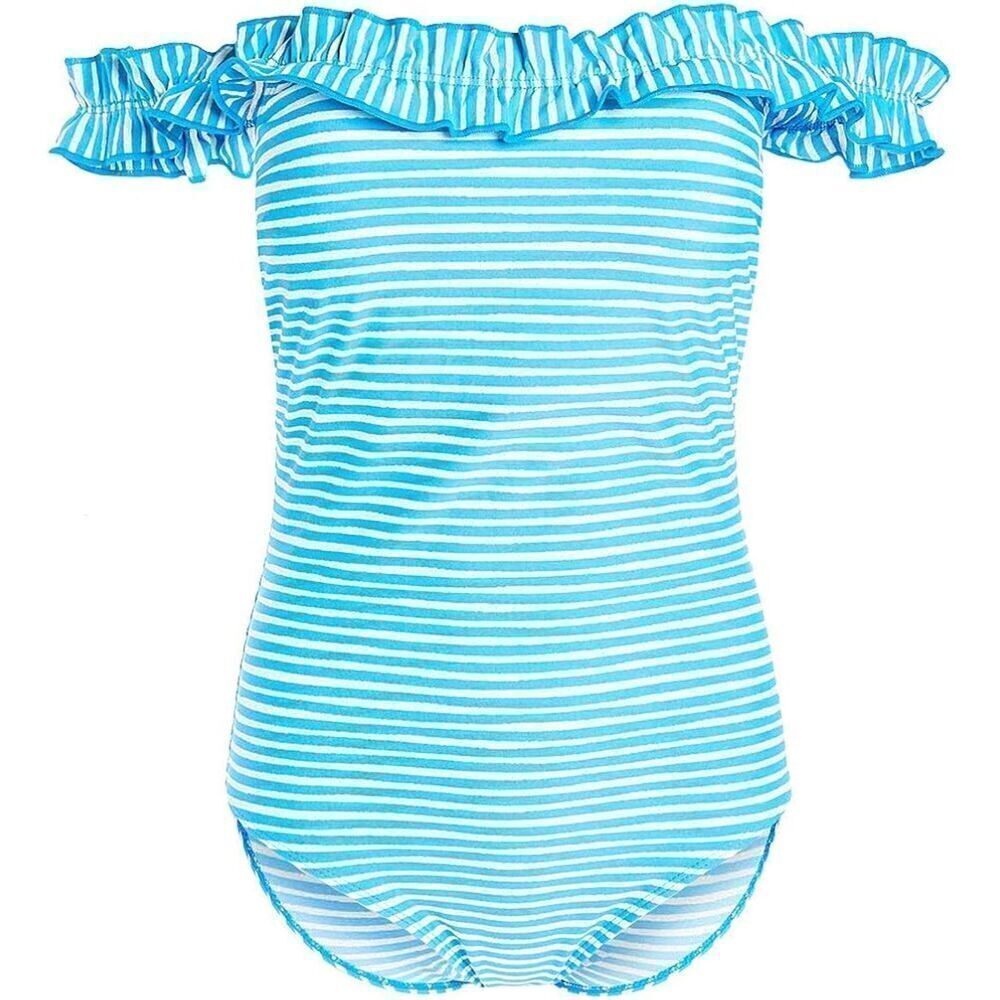 NEW Nicole Miller Studio Off Shoulder One Piece Swimsuit Blue Striped Size 10
